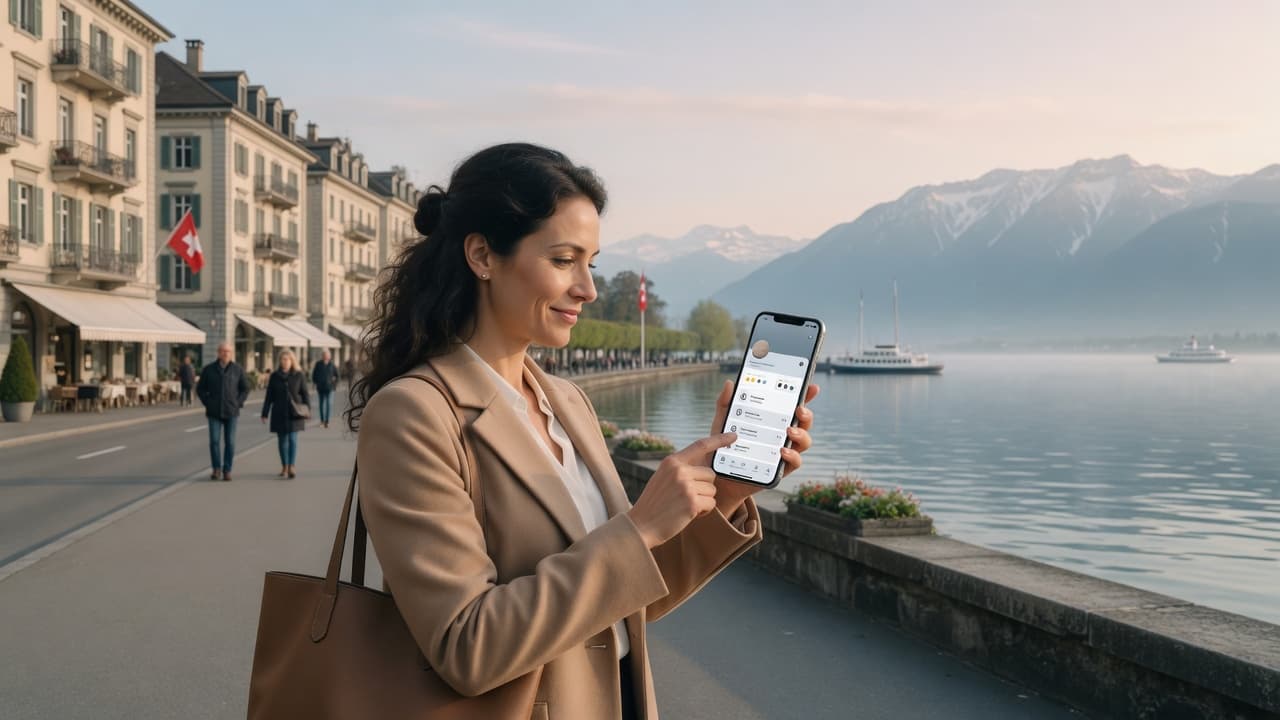 Personne consultant un annuaire d’entreprises locales sur smartphone au bord du lac Léman