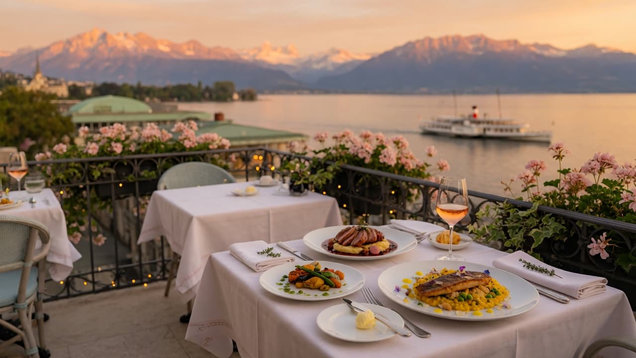 Terrasse de restaurant au bord du lac en Suisse romande au coucher du soleil