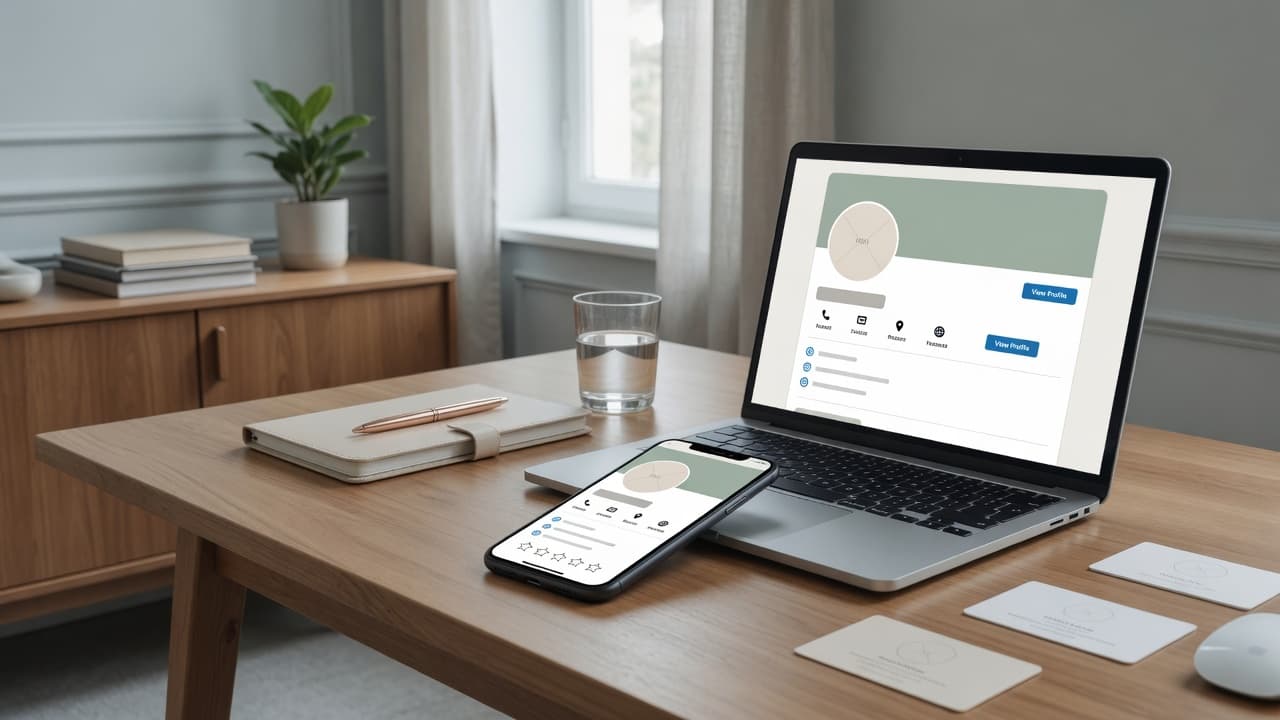 Fiche d’entreprise professionnelle affichée sur ordinateur et smartphone