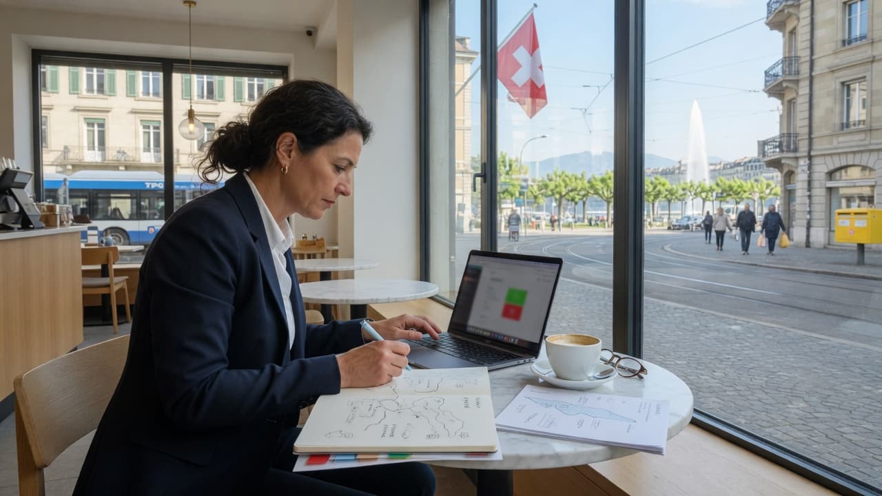 Dirigeant de PME travaillant sur le référencement local depuis un café en Suisse romande
