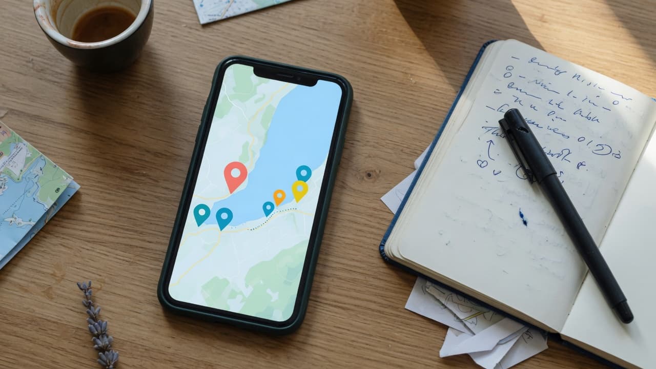 Smartphone affichant une carte de recherche locale près du lac Léman